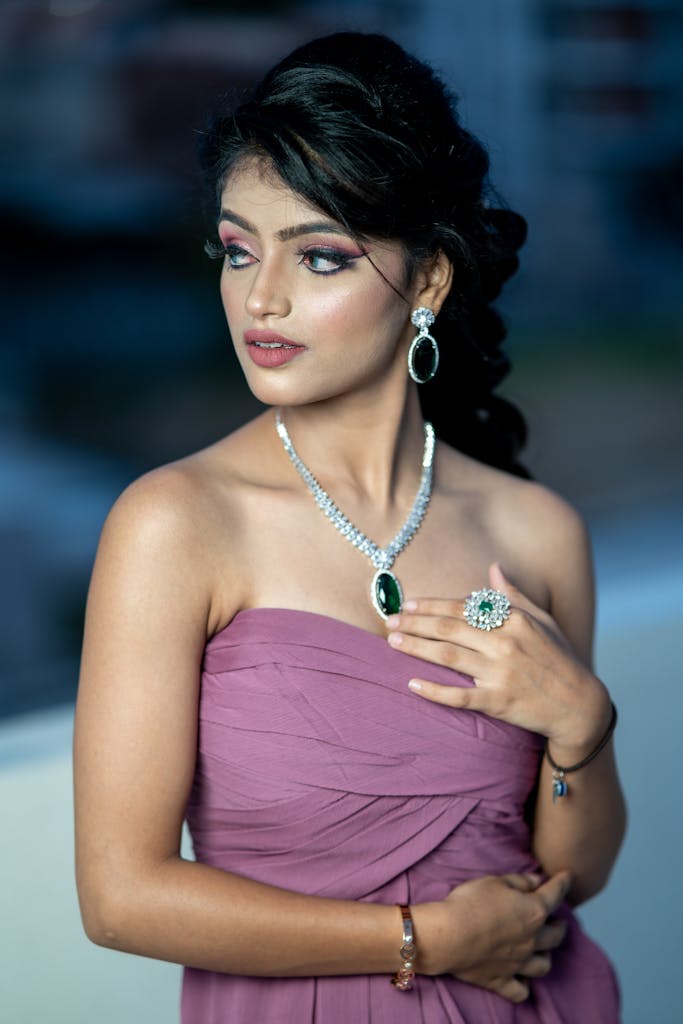 Portrait of an elegant Indian woman in Barmer, India, showcasing glamour with exquisite jewelry.