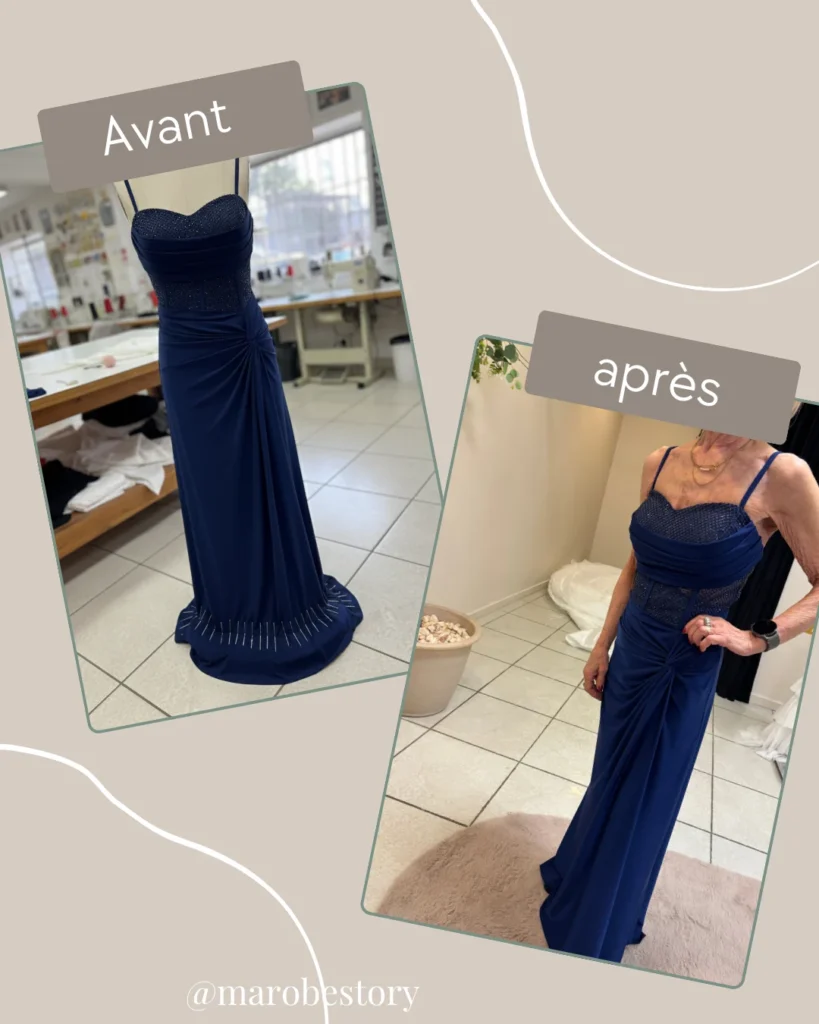 Avant et après retouche d’une robe de soirée longue bleu marine