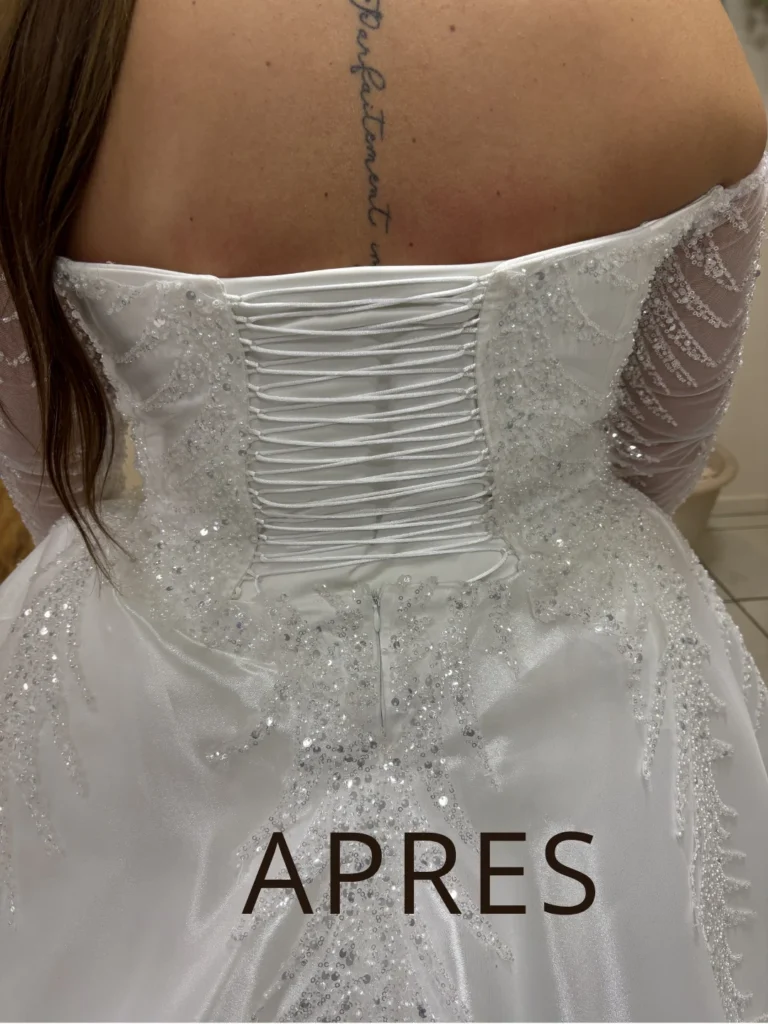 Avant et après retouche : laçage au dos d’une robe de mariée, ajusté à l’atelier